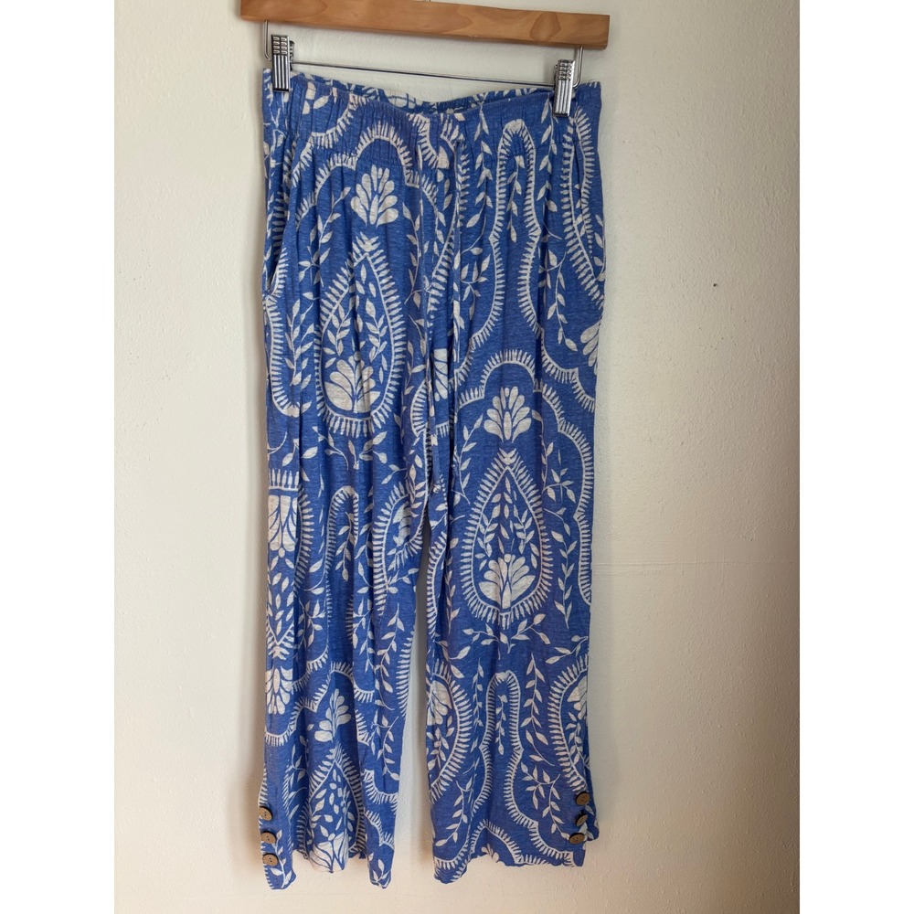 Joie Blue White‎ Paisley 100% Linen Wide Leg Crop Pants Small